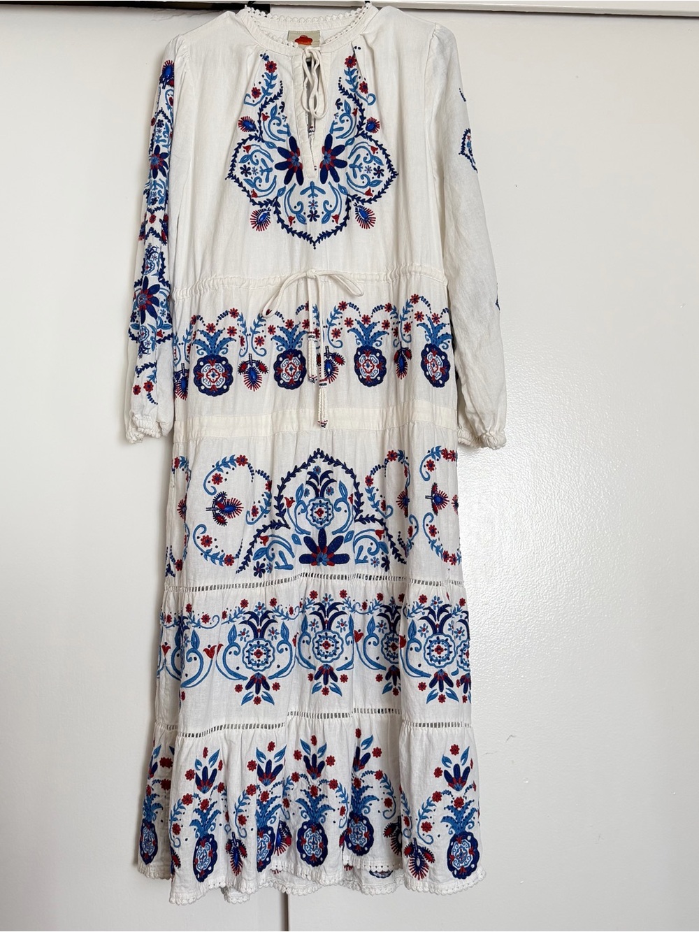 FARM Rio White Maxi Dress with Blue and Red Embroidery